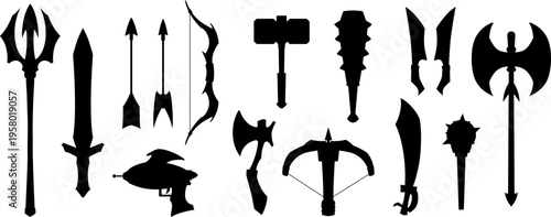 A set of black silhouettes of medieval weapons, game design.