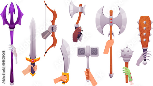 Cartoon game medieval weapons in hands vector set, saber, sword, axe, trident, spiked mace, bow in zombie arm, hairy paw