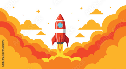 A red flat-design rocket launches upwards, surrounded by large orange and yellow cloud formations on a white background.