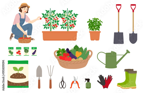 家庭菜園とガーデニングを楽しむ女性と道具のイラストセット