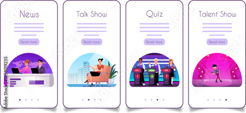 A set of mobile app screens featuring media show posters, news, and quizzes, with characters.