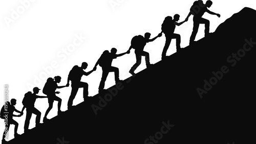Silhouette collection of hikers climbing mountain, teamwork and cooperation artwork, perseverance illustration, outdoor adventure design inspiration