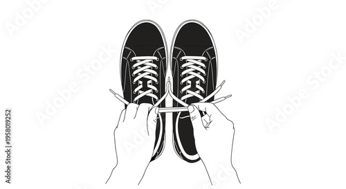 Two hands are shown from an overhead perspective tying white shoelaces on a pair of black sneakers against a white background.