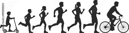 Silhouette collection of human growth stages, childhood to adulthood artwork, mobility and exercise illustration, life progression design inspiration