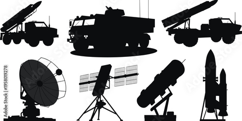 Silhouette collection of military vehicles and aerospace equipment, defense technology artwork, radar and missile system illustration