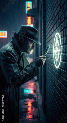 Detective in rainy alley examining glowing symbol on brick wall at night