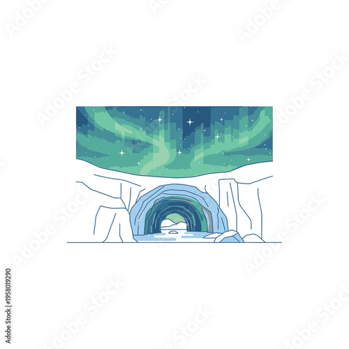 Ice cave tunnel with aurora borealis sky.