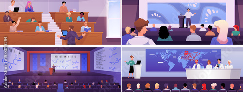 A set of backgrounds featuring lecture halls, speakers, and an audience.