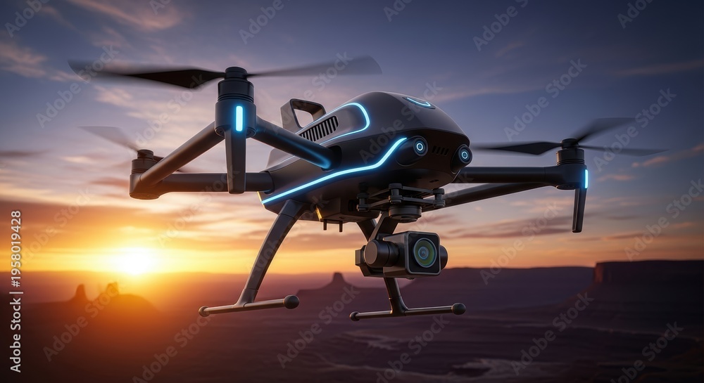 Fototapeta premium Futuristic drone flying over scenic desert landscape at sunset