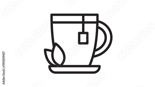 Cup of tea with mint leaves and tea bag icon in black outline on a white background, simple and clean design.