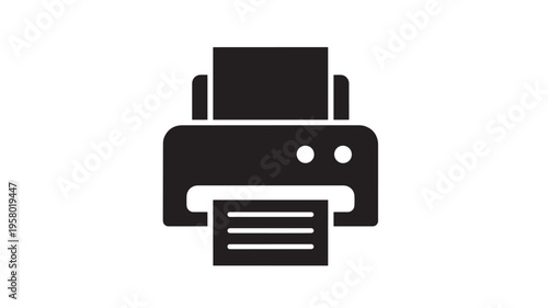 Printer icon with paper coming out, clean black and white design for digital and print media. featuring symbol, printing, document with technology