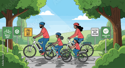 Family cycling on electric bikes in a park.