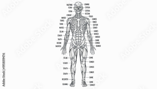 A detailed anatomical illustration of the human body with various parts labeled for study purposes