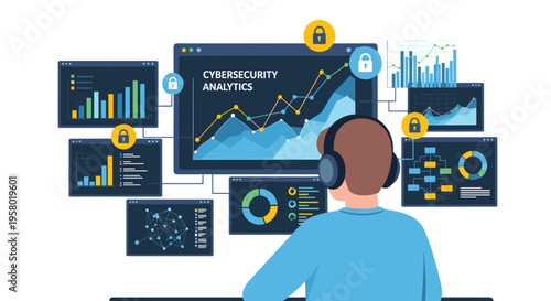 A person wearing headphones views a large central screen displaying CYBERSECURITY ANALYTICS surrounded by smaller screens with charts and lock icons.