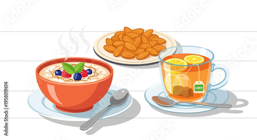 Colorful illustration of breakfast foods with oatmeal, tea, and pastries