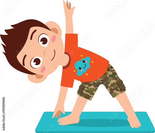 Cute little boy doing yoga exercise on mat stretching pose fitness activity healthy lifestyle kids workout vector illustration isolated. Ideal for use in educational materials, lifestyle concepts.