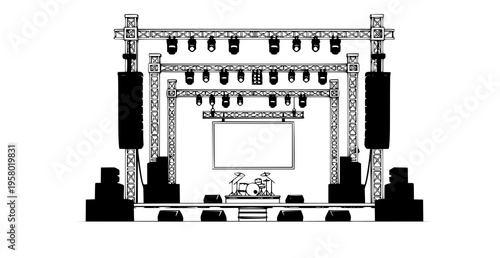 Concert Stage Setup Vector Illustration with Lighting Sound System and LED Screen Front View Isolated on White