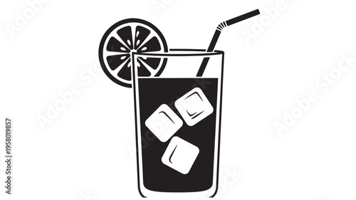 Glass of dark liquid with ice cubes, a straw, and a lemon slice garnish. featuring drink, beverage, cocktail with refreshment and lime elements for