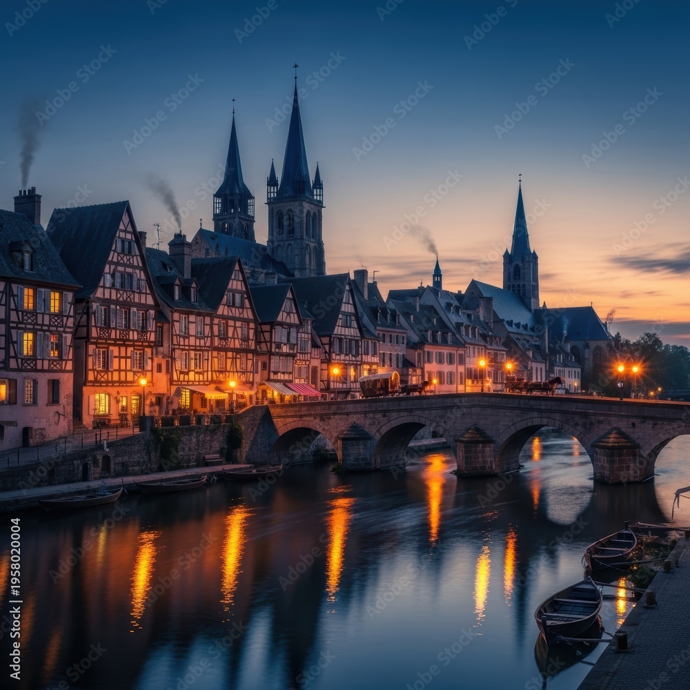 Fototapeta premium Charming european town at dusk with illuminated historic architecture and tranquil river reflection