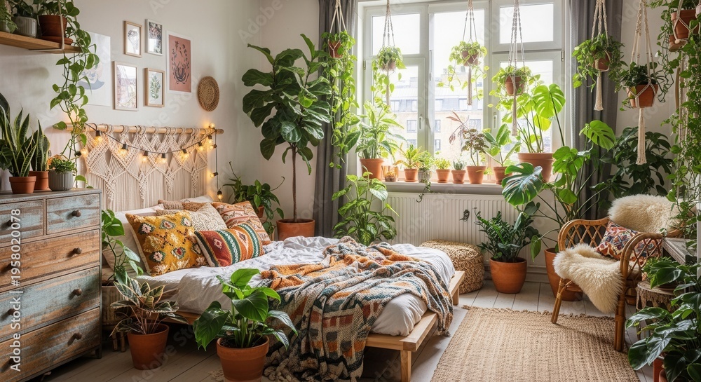 Obraz premium Bohemian Bedroom Oasis With Abundant Natural Light And Lush Greenery