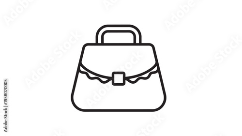 Handbag with a square clasp and ruffled flap, depicted as a clean black line art icon for fashion and accessory themes.