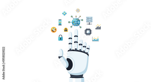 A pixelated white robotic hand with black joints points upwards amidst a semi-circle of colorful technology icons.