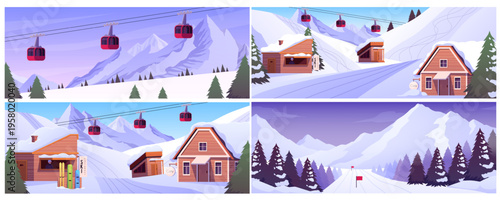 A set of panoramic views of a winter ski resort, with a cable car, ski trail, wooden cabins.