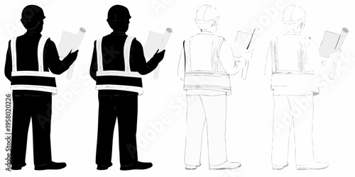 Construction workers depicted in varying shades from black to white