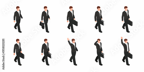Isometric illustration of businessmen walking and gesturing with briefcases
