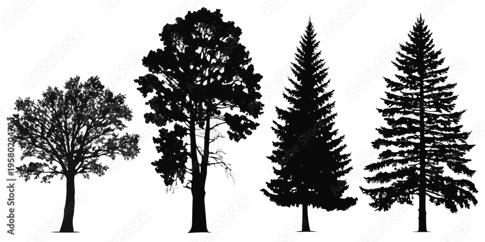 Fototapeta premium Silhouettes of four diverse trees against a stark white background