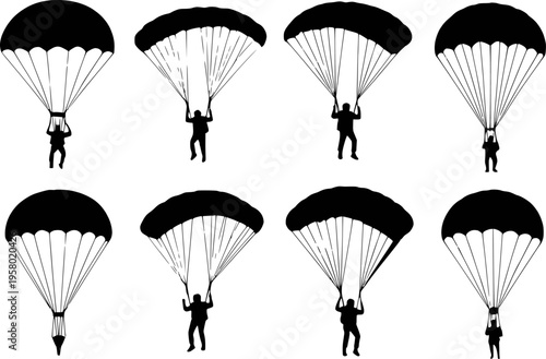 Paratrooper parachute silhouette set vector illustration