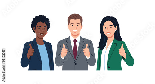 Three diverse business professionals, two women and one man, stand front-facing and give enthusiastic thumbs-up gestures.