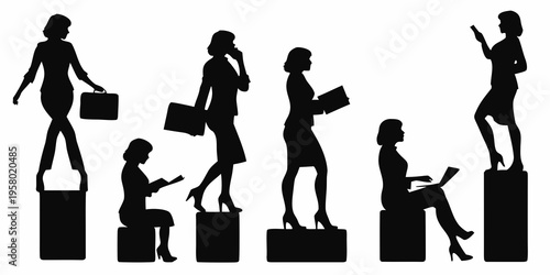 Silhouettes of businesswomen ascending a staircase of blocks