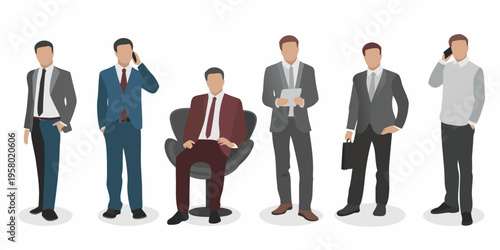 Diverse group of businessmen in suits some using mobile phones