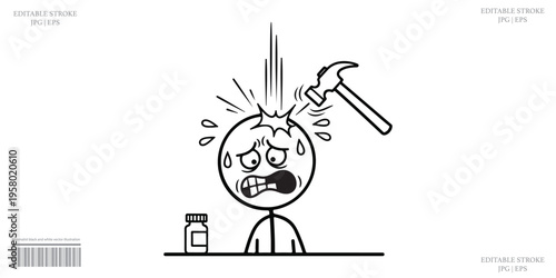 Stressed Businessman Headache With Hammer Hitting Head Pain Stress At Work