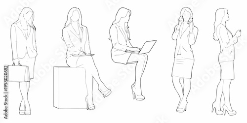 Line art depicting five women in professional attire and various poses