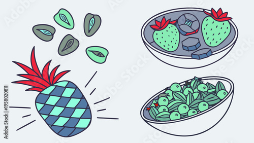 A set of vector illustrations of dried fruits, raisins, apricots, dates, pineapple slices, strawberries, and prunes for the concept of organic and nutritious snacks. Healthy Eating