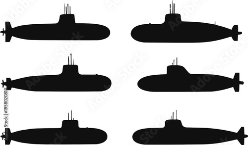 Military submarine naval vessel silhouette set vector illustration
