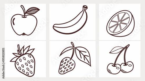 A set of vector illustrations of fruits, banana, lemon, strawberry, cherry, and apple for the concept of organic and nutritious earnings. Healthy nutrition