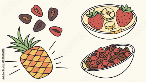 A set of vector illustrations of fruits, banana, lemon, strawberry, cherry, and apple for the concept of organic and nutritious earnings. Healthy nutrition