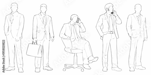 Line art illustration of men in business suits some with phones