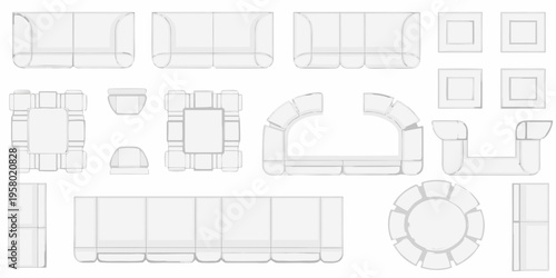 Architectural floor plans of various modern furniture layouts displayed overhead