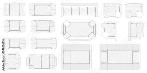 Overhead view of various sofa and armchair layout designs in white