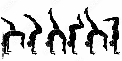 Silhouettes of people demonstrating various acrobatic and yoga poses