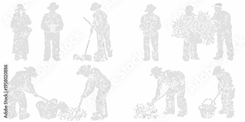 Silhouettes of farm workers engaged in various agricultural tasks