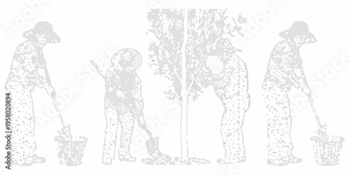 Figures tending to young trees in a minimalist grayscale illustration
