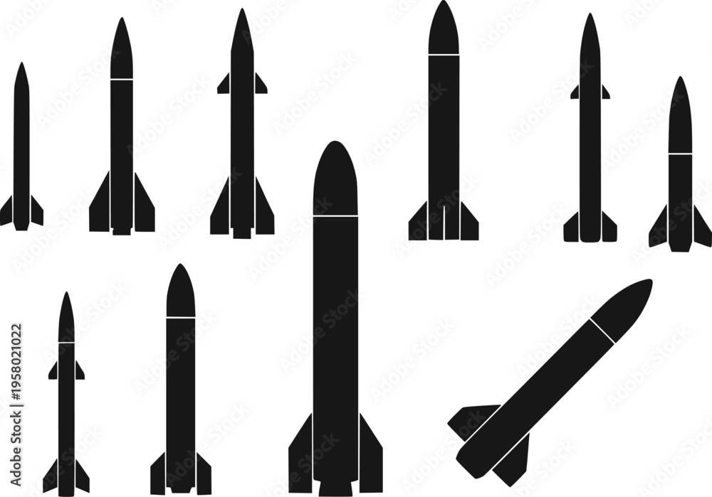 Fototapeta premium Military rocket missile silhouette set vector illustration
