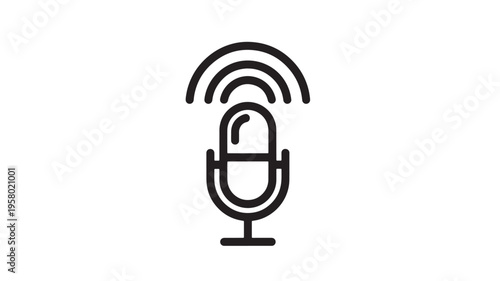 Microphone icon with radiating sound waves, representing broadcast and audio recording signals in a minimalist design.