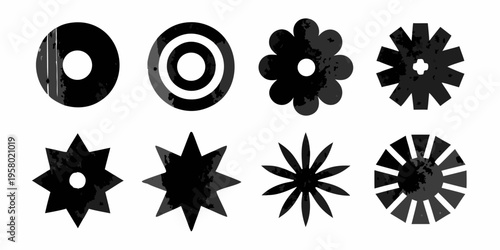 Abstract black shapes and patterns arranged in a grid formation