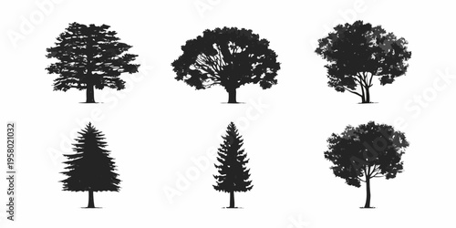 Collection of silhouetted trees in varying shapes and sizes